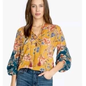 Johnny Was Workshop Yellow Floral Blouse Size XS